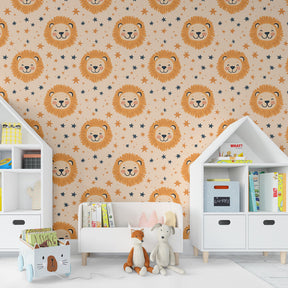 Playful lion and star wallpaper creating magical kids bedroom atmosphere with warm lighting