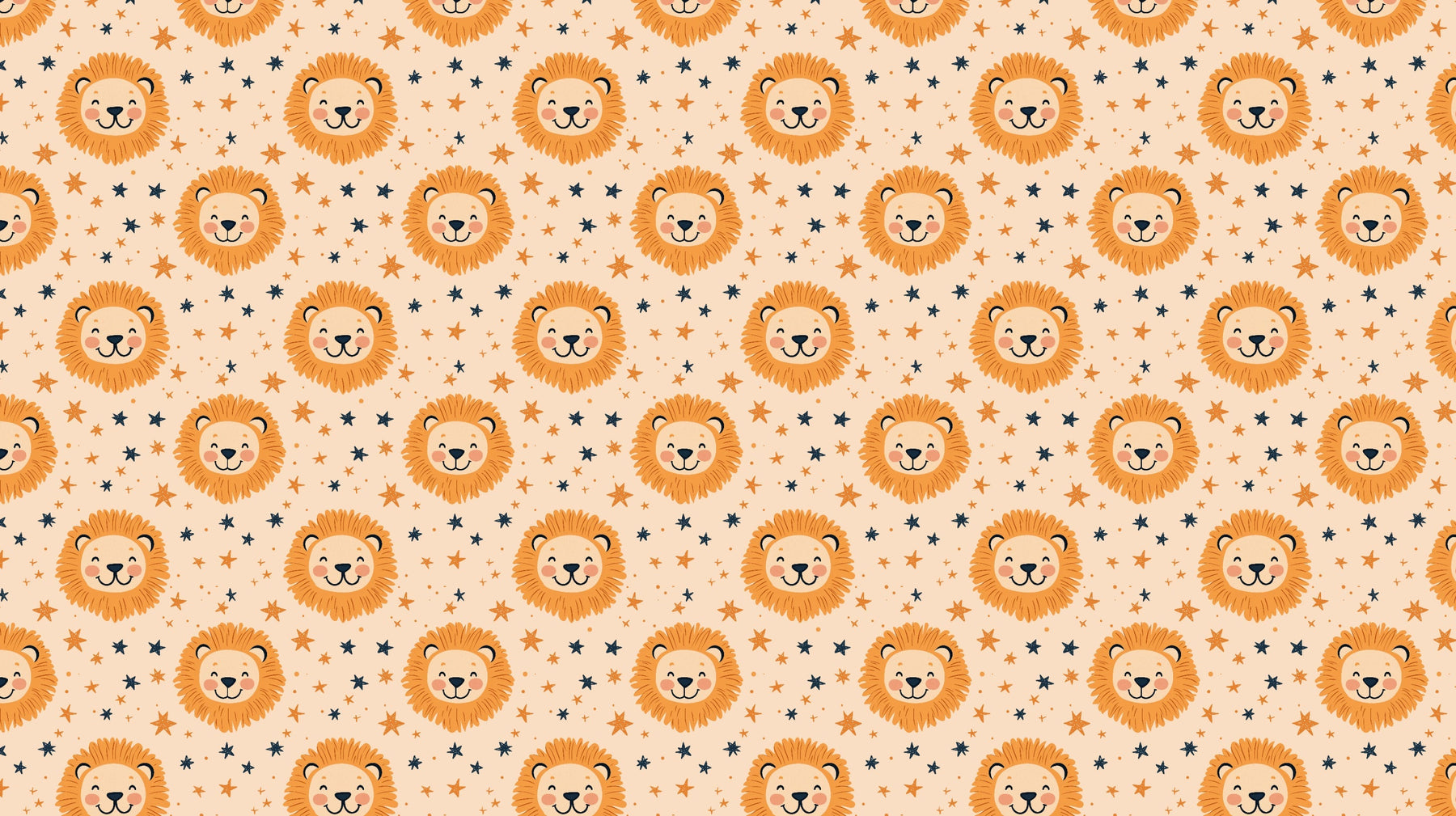 Detailed lion and star mural wallpaper design pattern showing orange lions on beige background by Kids-Mundo