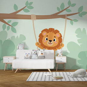 Playful lion safari wallpaper creating joyful kids bedroom decor atmosphere