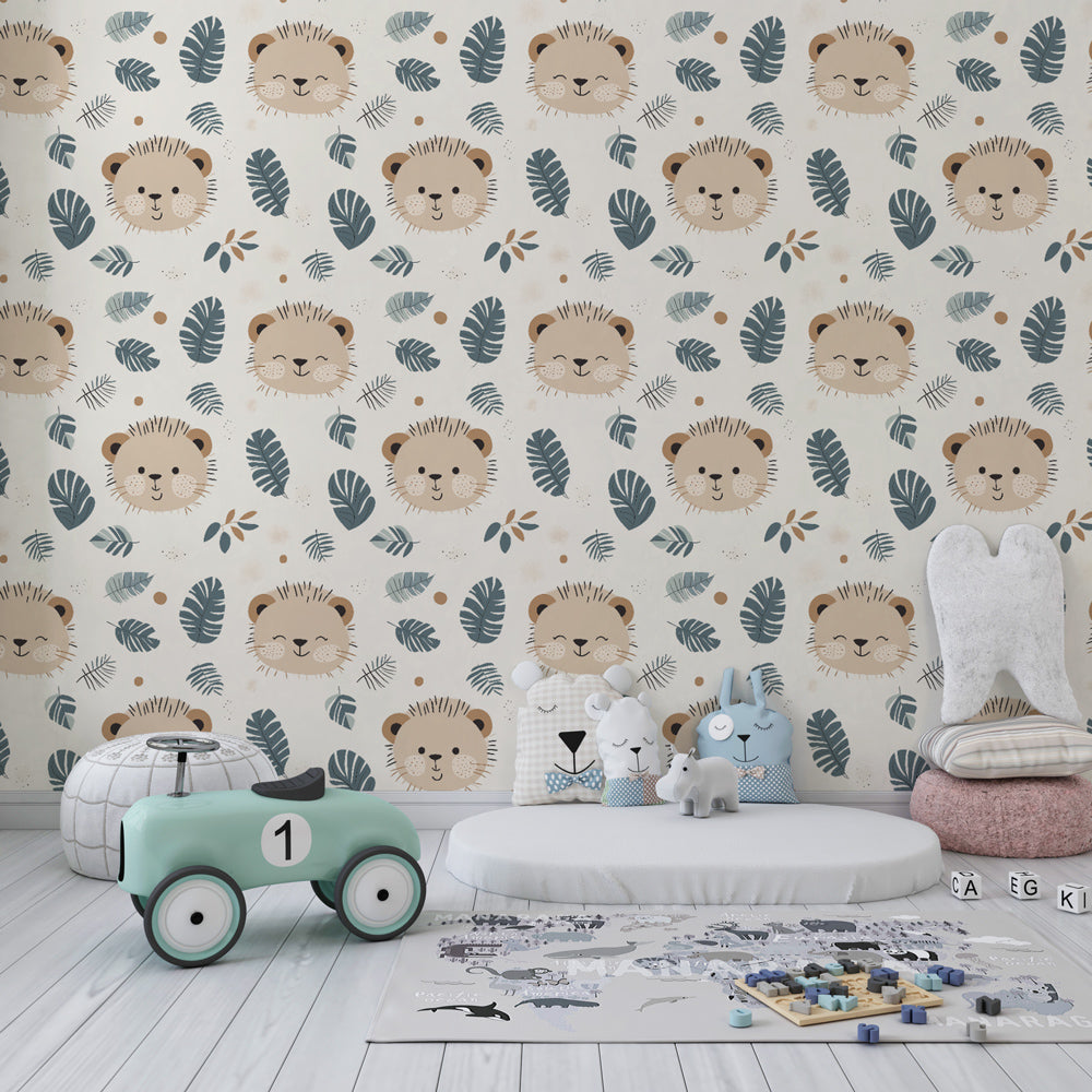 Smiling lion faces tropical wallpaper transforming children's bedroom into jungle safari theme