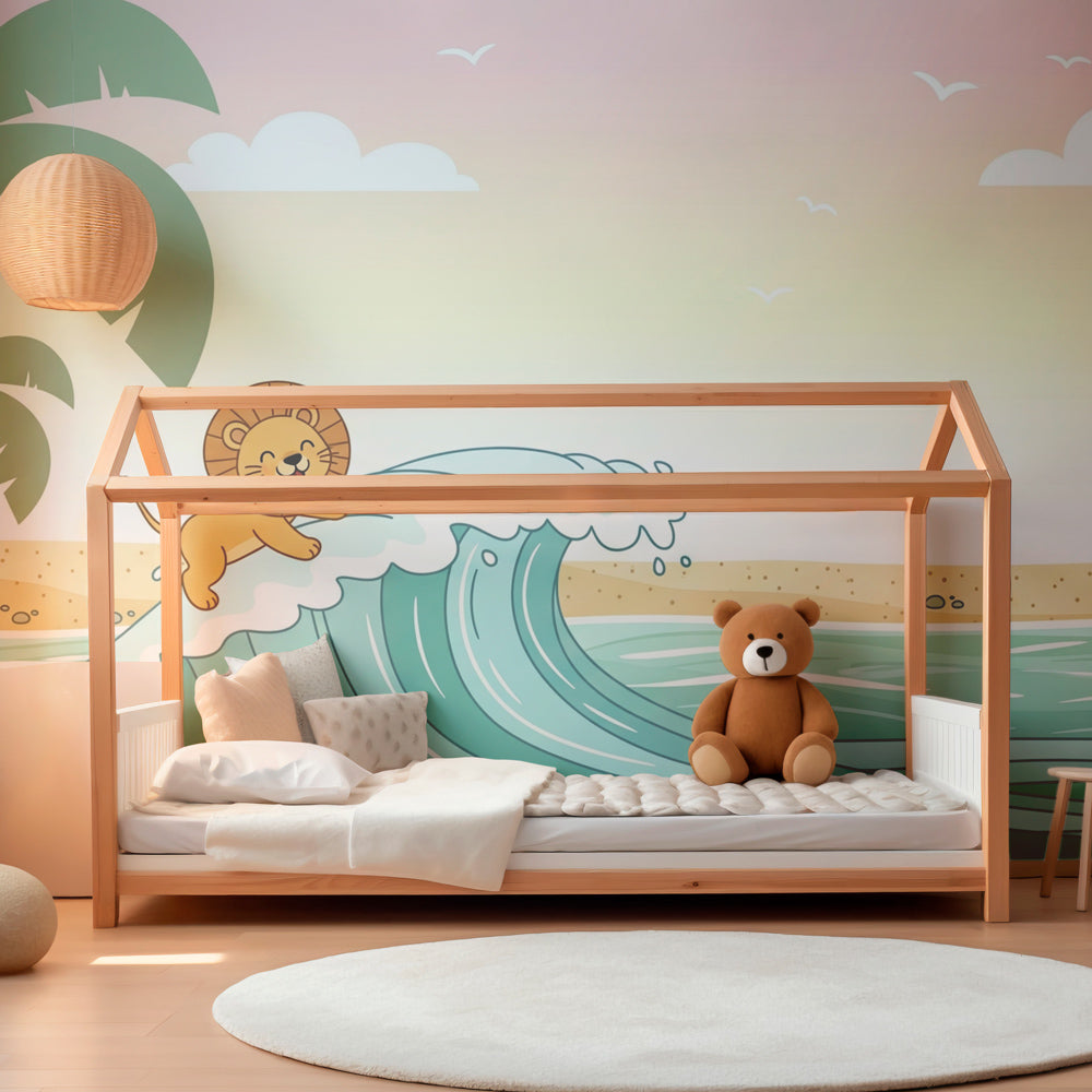 Happy surfing lion wallpaper transforming children's bedroom with ocean adventure theme