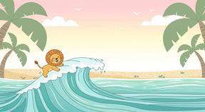 Detailed lion surfing waves mural wallpaper design pattern with tropical elements by Kids-Mundo