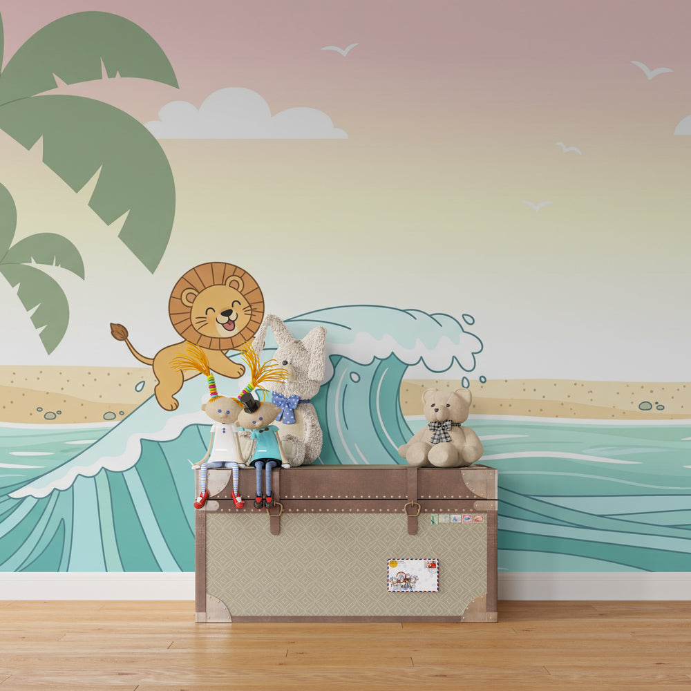 Tropical lion surfing mural wallpaper inspiring imaginative play in kids room setting