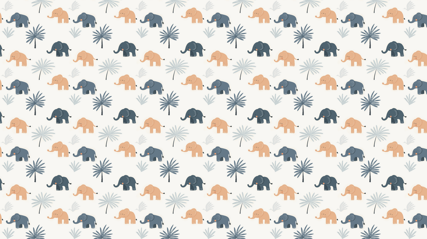 Kids-Mundo flat artwork of a repeating pattern of little grey and tan elephants among palm leaves.