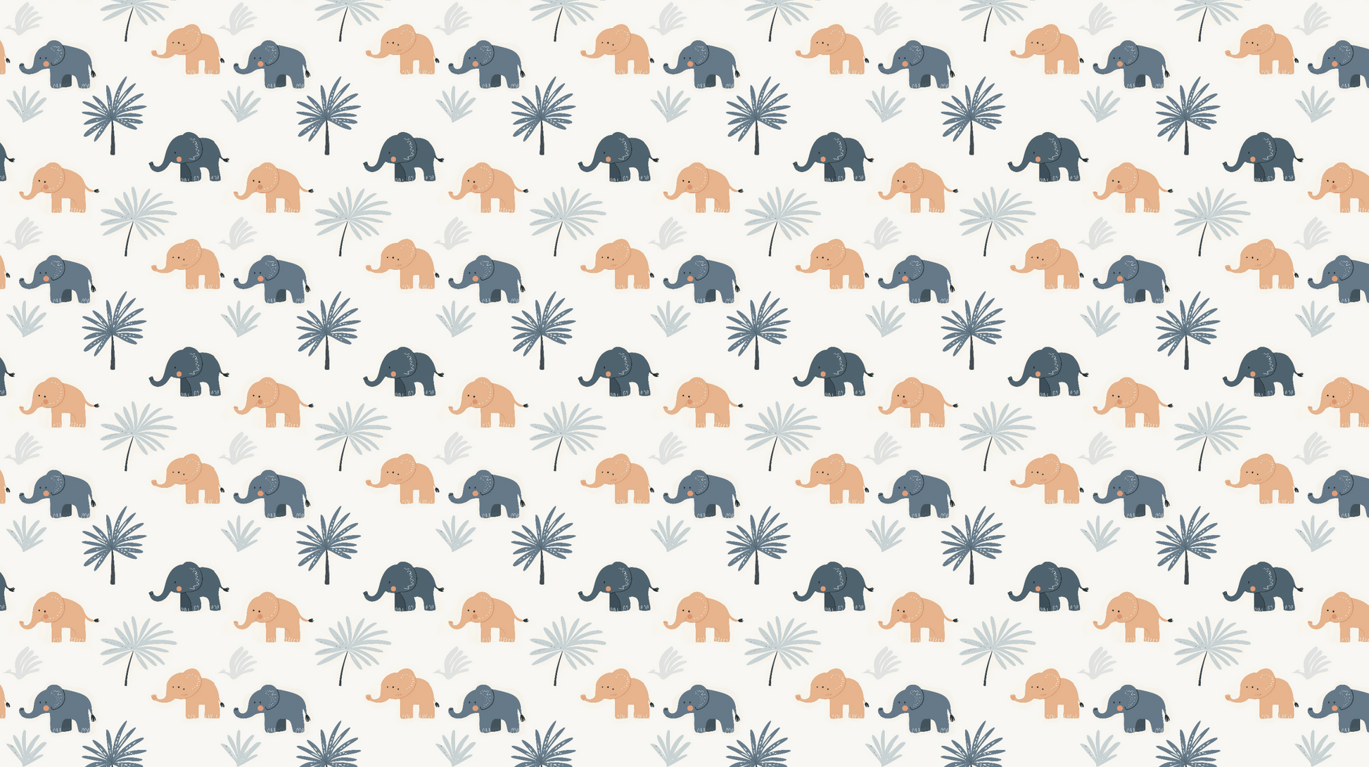 Kids-Mundo flat artwork of a repeating pattern of little grey and tan elephants among palm leaves.