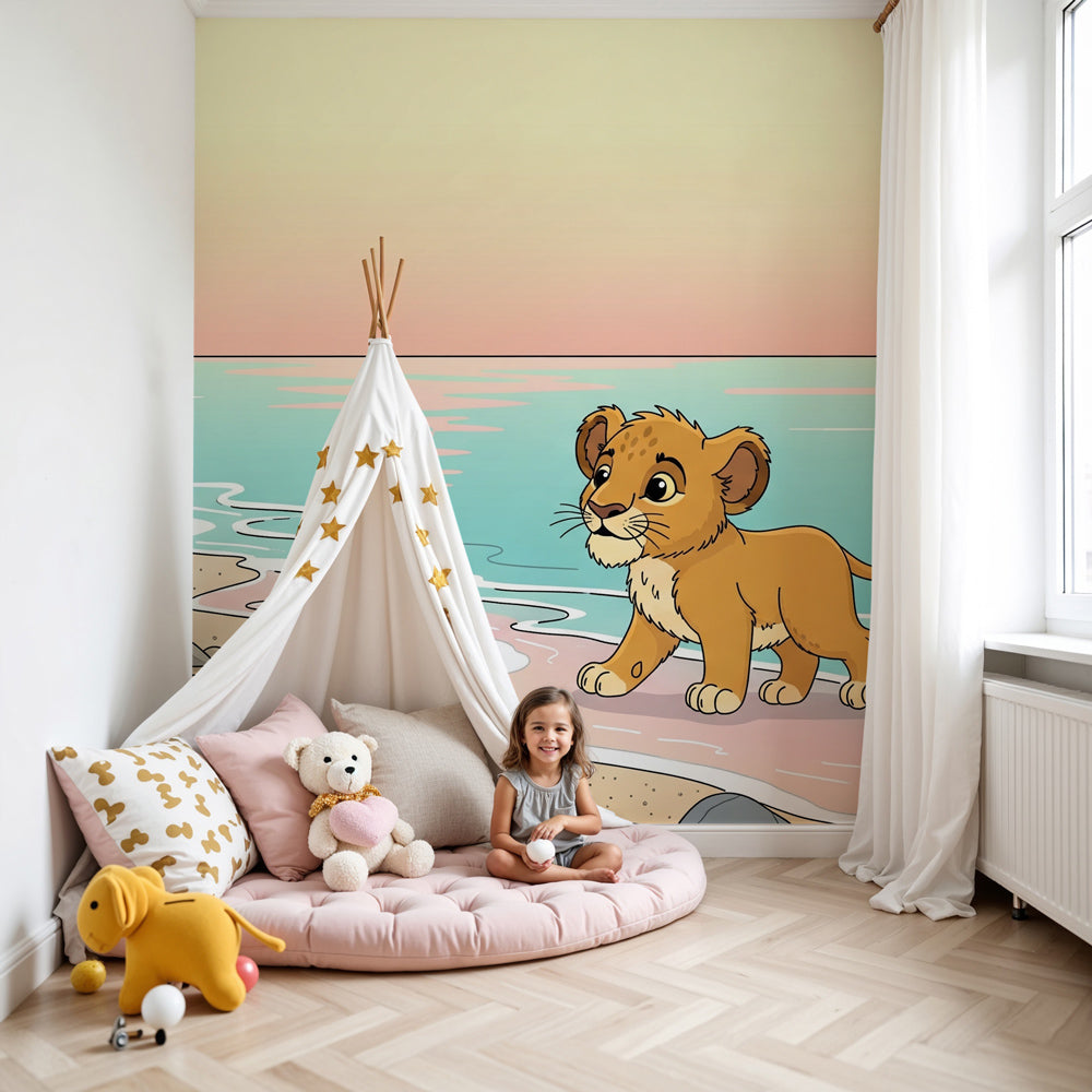 Little lion beach mural wallpaper creating coastal adventure theme in modern nursery by Kids-Mundo
