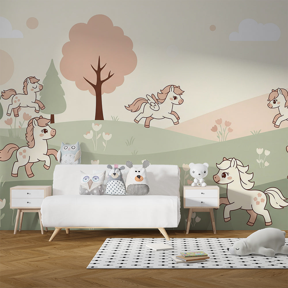 Kids-Mundo pony wall mural covering a wall in a toddler's bedroom with a cot bed