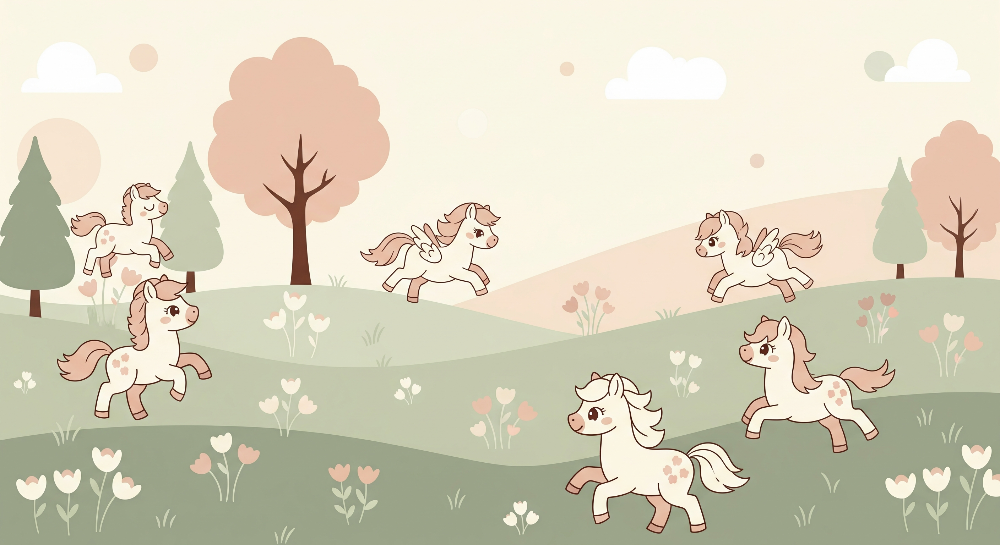 Kids-Mundo flat artwork of the little ponies soft countryside wall mural design