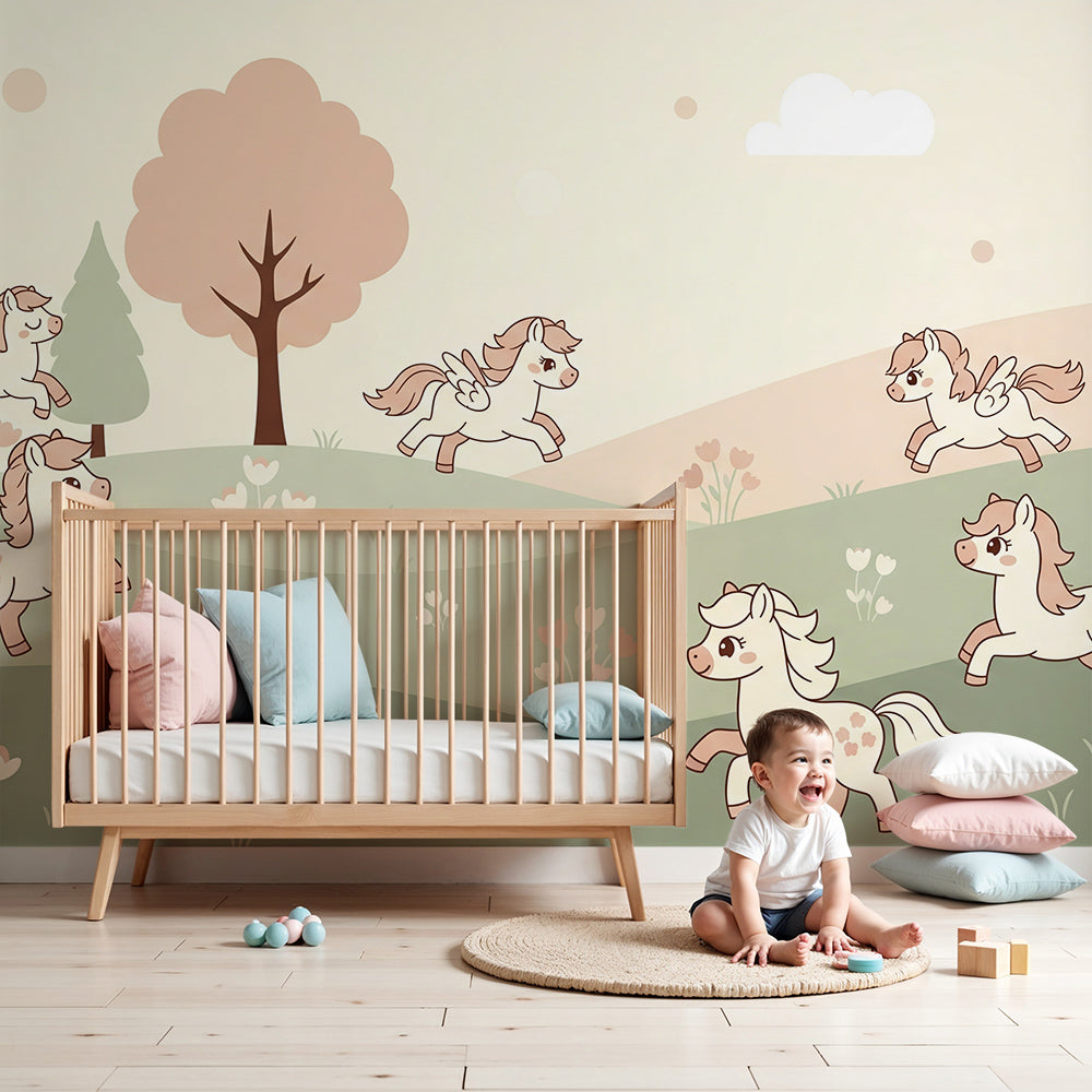 Kids-Mundo little ponies countryside wall mural fitted in a soft beige and green nursery