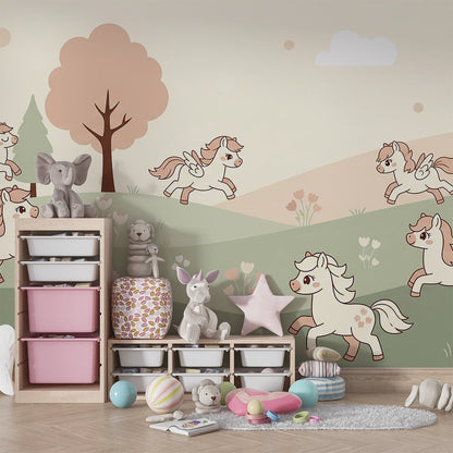 Kids-Mundo countryside pony wall mural brightening a playroom with soft rugs and toys