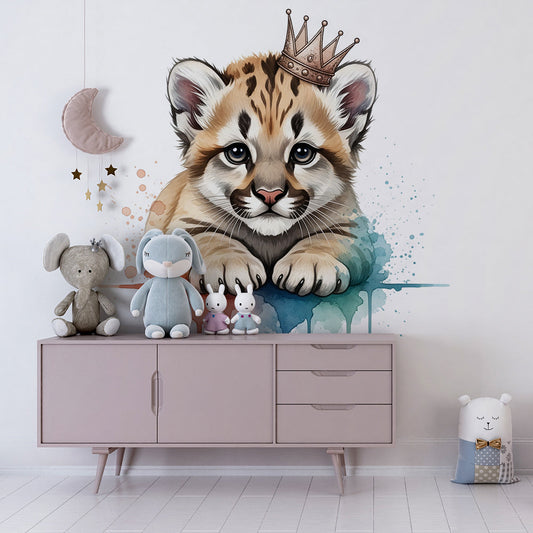 Kids-Mundo crowned tiger cub wall mural bringing colour to a young child's bedroom