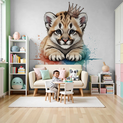 Kids-Mundo little tiger king watercolour wall mural styled in a bright, playful nursery