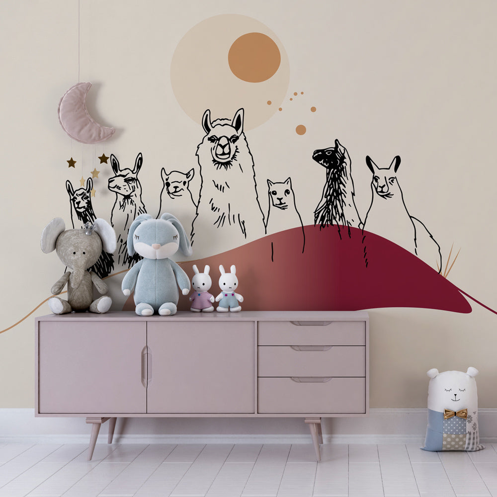 Desert llama friends mural wallpaper in modern children's bedroom setting