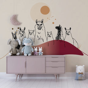 Desert llama friends mural wallpaper in modern children's bedroom setting
