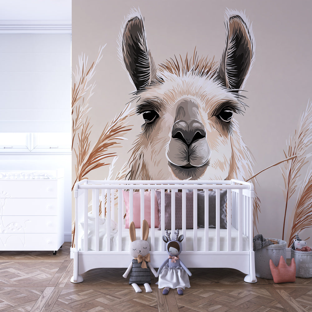 Gentle llama wallpaper creating peaceful atmosphere in children's bedroom setting