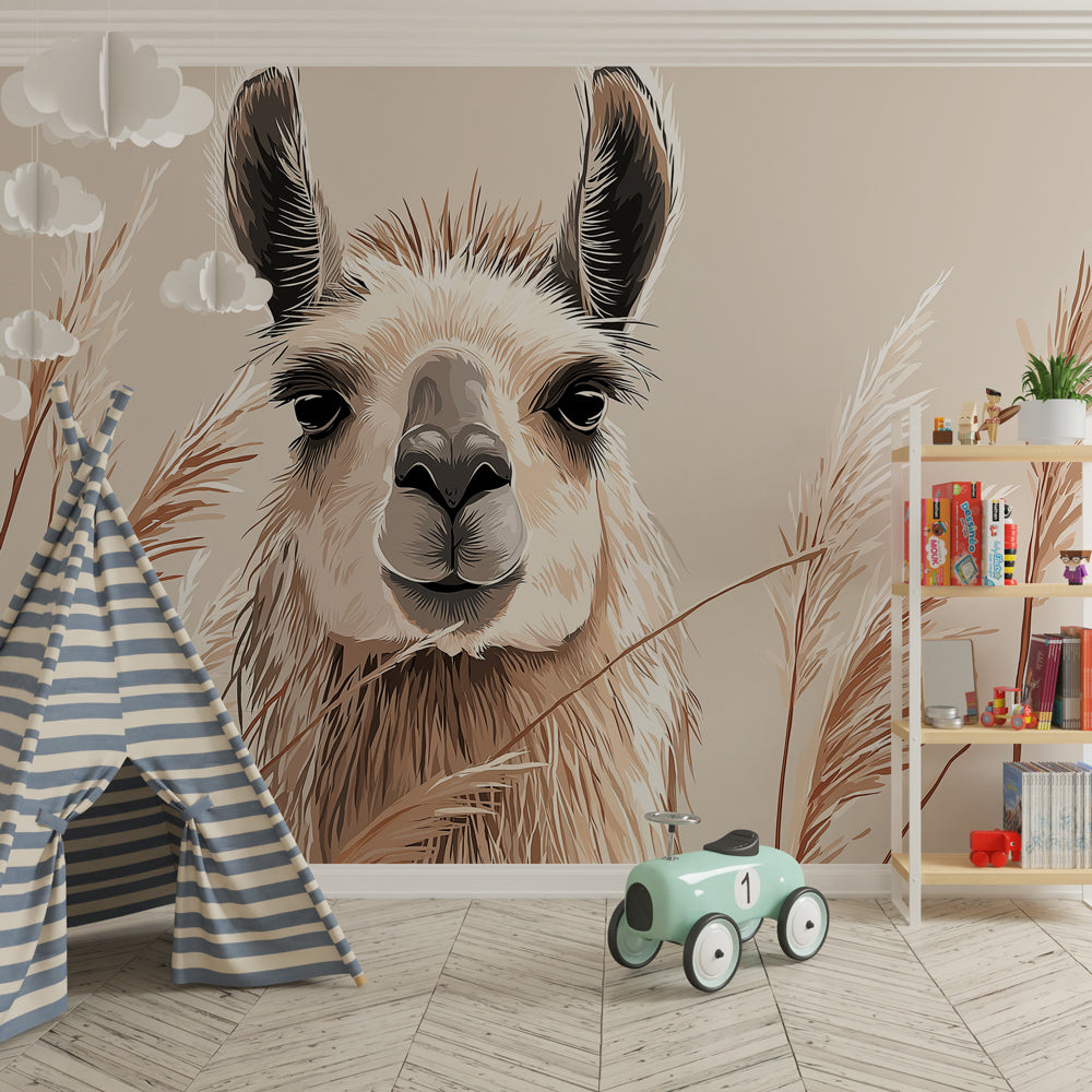 Desert animal mural wallpaper for kids room with warm beige tones and natural styling