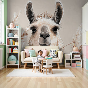 Llama mural wallpaper in cozy nursery with natural wooden furniture by Kids-Mundo