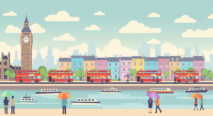 Flat artwork preview of the Kids-Mundo London skyline with red buses wall mural design