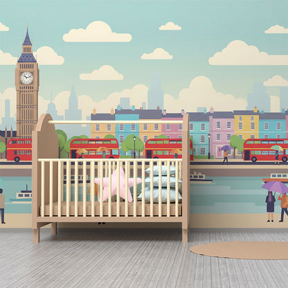 London-themed wall mural from Kids-Mundo brightening a fun children's playroom