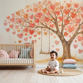 Love tree mural wallpaper with hearts and swing in cozy children's nursery by Kids-Mundo