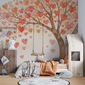 Heart tree wallpaper transforming children's playroom into magical storytelling space