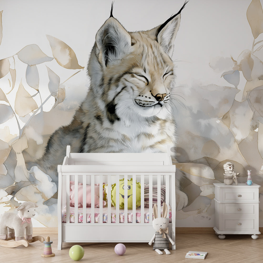 Wildlife mural wallpaper featuring young lynx in children's bedroom setting by Kids-Mundo