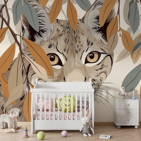 Curious lynx nature wallpaper creating peaceful children's bedroom atmosphere with organic design elements