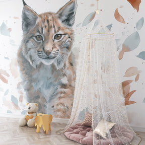 Wildlife lynx mural wallpaper transforming kids bedroom into nature-inspired adventure space