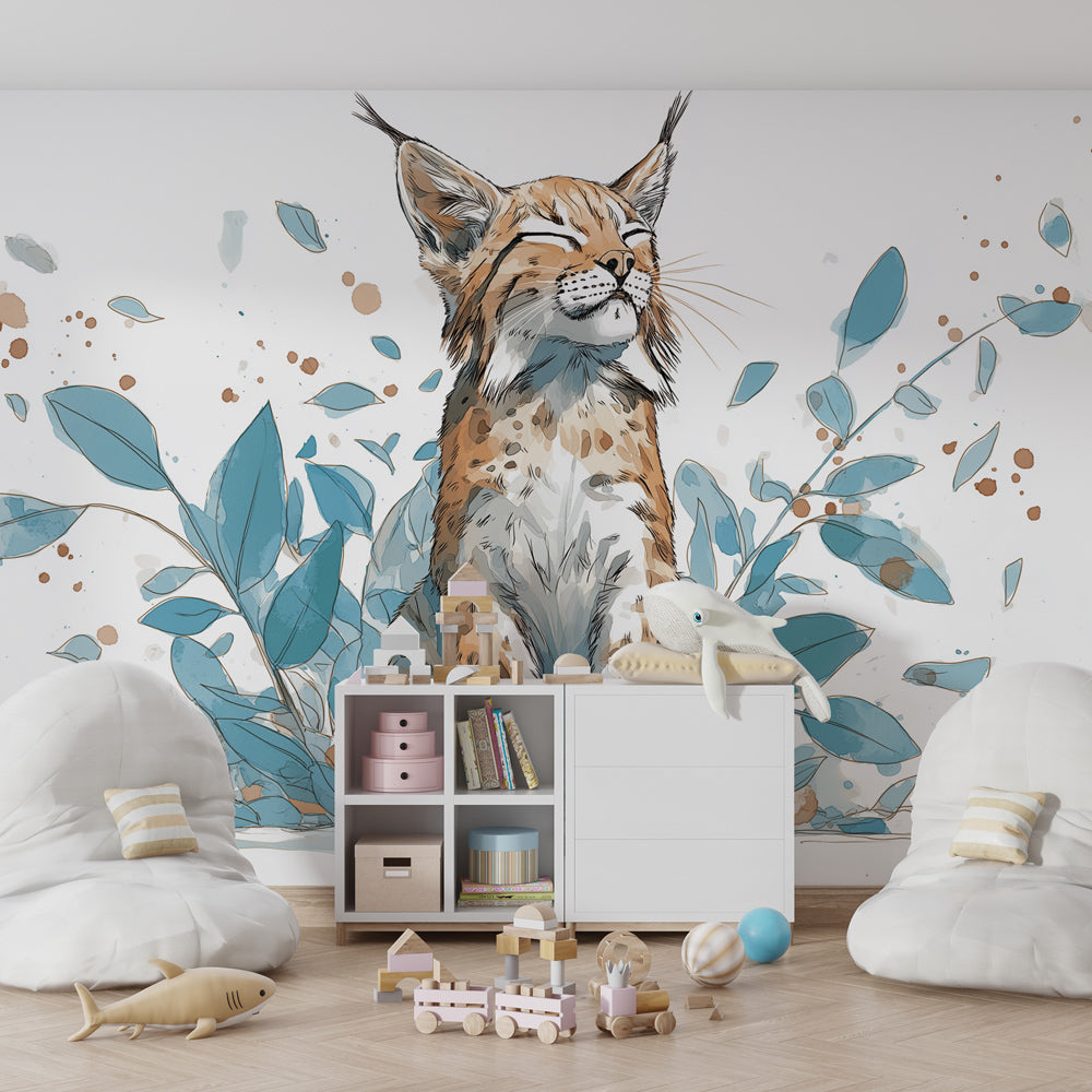 Lynx animal wallpaper with blue foliage in modern children's bedroom by Kids-Mundo