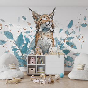 Lynx animal wallpaper with blue foliage in modern children's bedroom by Kids-Mundo