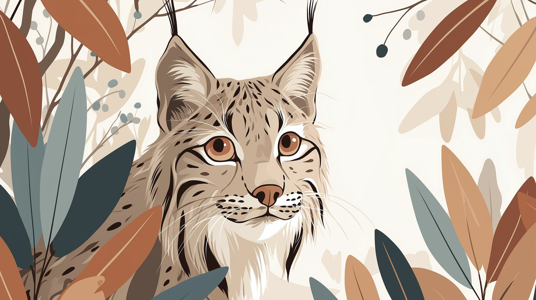 Detailed lynx wildlife mural wallpaper design pattern showing botanical elements by Kids-Mundo