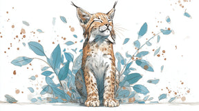 Detailed lynx with foliage mural wallpaper design pattern showing peaceful animal character