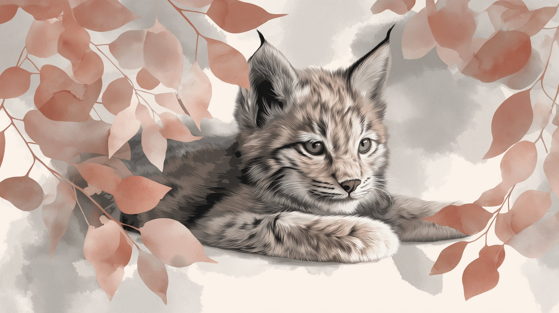 Detailed young lynx among leaves mural wallpaper design pattern by Kids-Mundo
