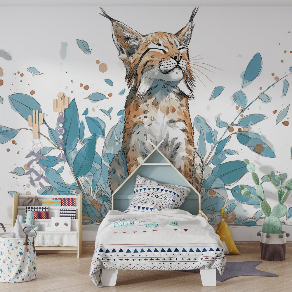 Nature-themed lynx mural wallpaper transforming kids room into peaceful forest retreat