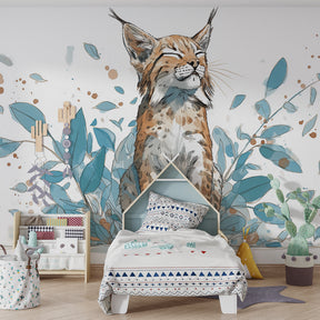 Nature-themed lynx mural wallpaper transforming kids room into peaceful forest retreat