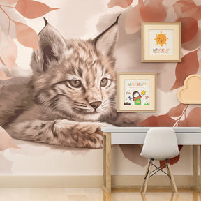 Nature-themed lynx wallpaper with soft beige tones in cozy kids room by Kids-Mundo