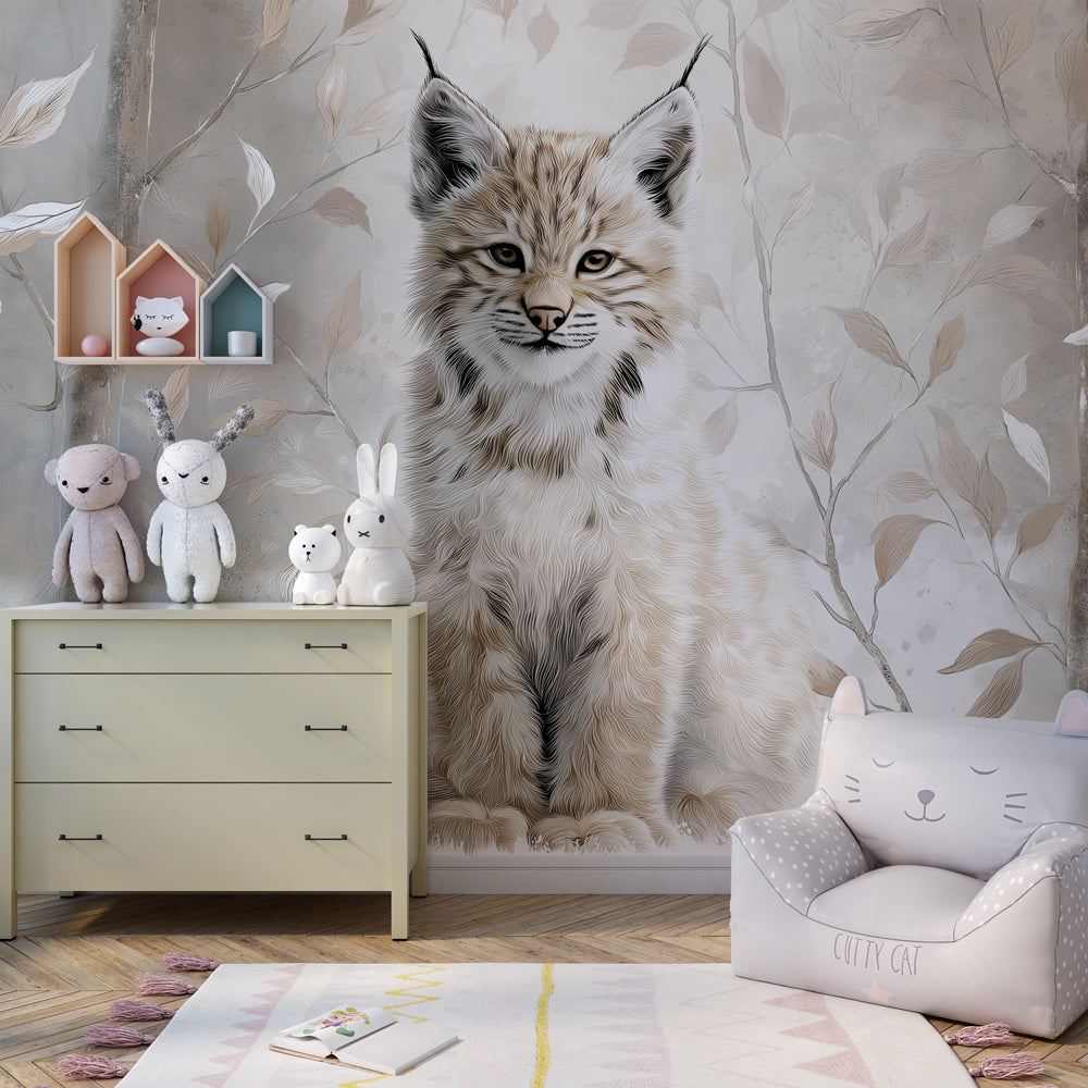 Nature-themed lynx mural wallpaper with beige foliage for kids room by Kids-Mundo