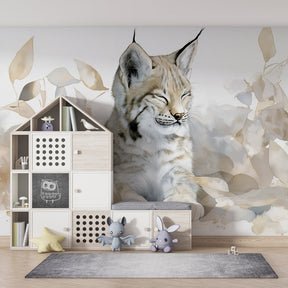 Animal wallpaper with sleeping lynx and leaves creating calm kids room atmosphere