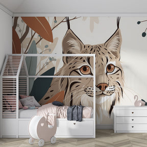 Nature-themed lynx wallpaper transforming nursery into peaceful forest sanctuary with earth tones