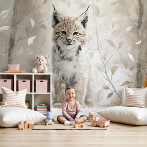 Young lynx mural wallpaper creating peaceful woodland nursery decor by Kids-Mundo