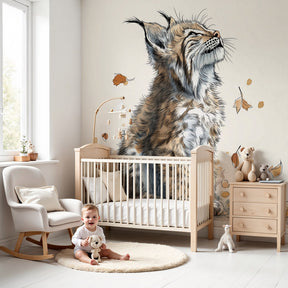 Lynx and autumn leaves mural wallpaper creating cozy woodland nursery decor by Kids-Mundo