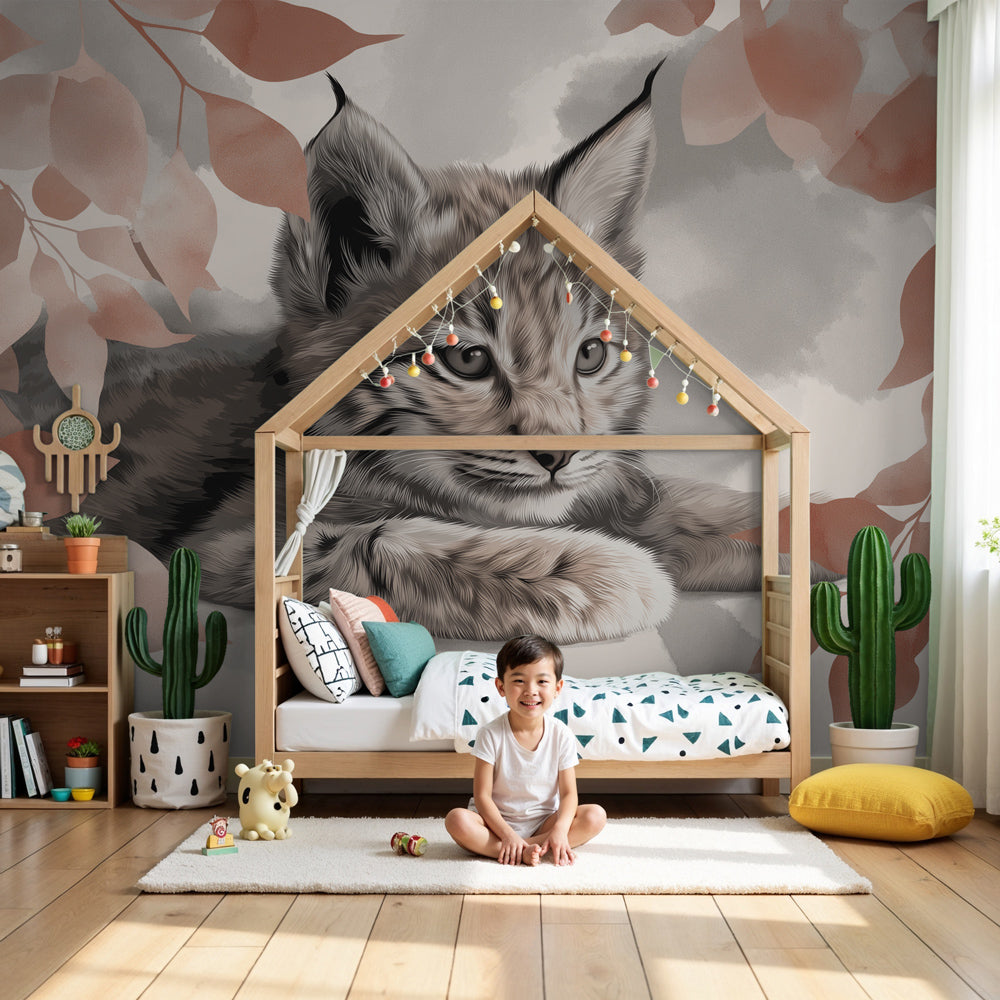 Lynx mural wallpaper creating peaceful woodland atmosphere in modern nursery by Kids-Mundo