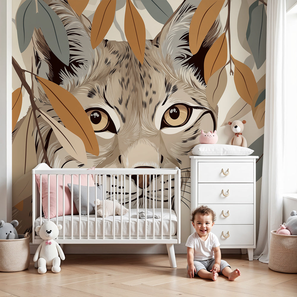 Lynx wildlife mural wallpaper decorating modern kids nursery with natural wood furniture by Kids-Mundo
