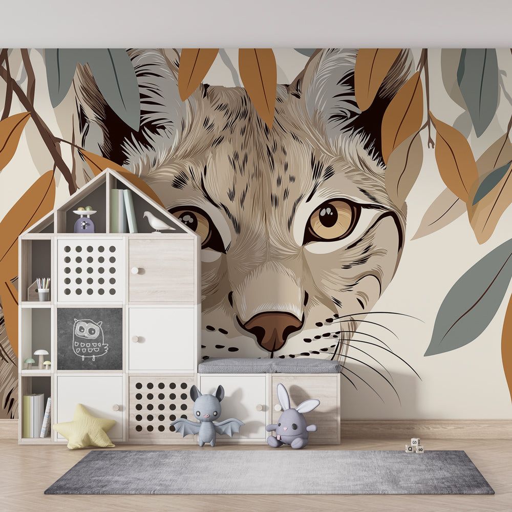 Wildlife themed mural wallpaper featuring lynx in foliage for inspiring kids playroom by Kids-Mundo