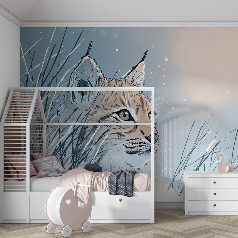 Majestic lynx mural wallpaper bringing winter wilderness atmosphere to children's playroom