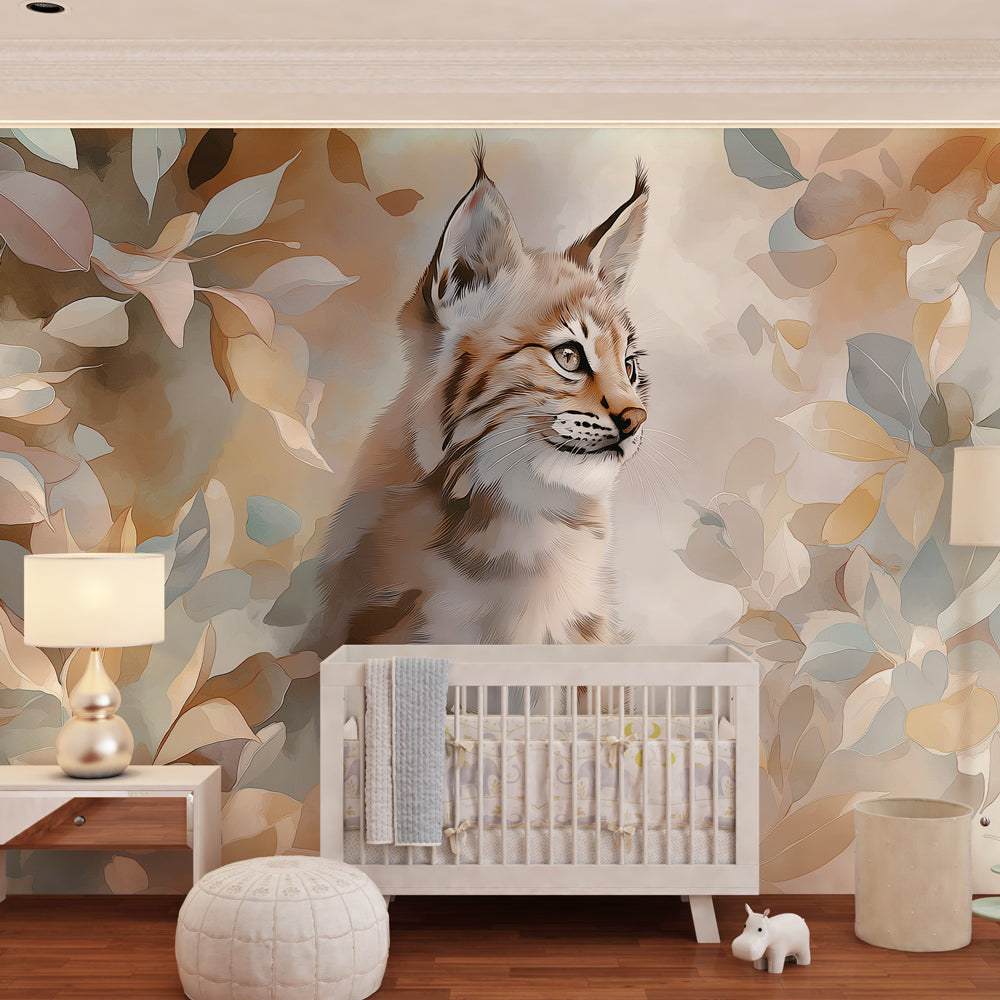 Woodland lynx mural wallpaper transforming children's playroom into serene forest sanctuary