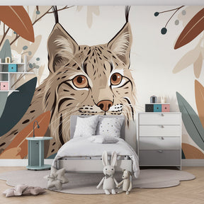 Forest animal mural wallpaper featuring majestic lynx in natural habitat for children's room decor