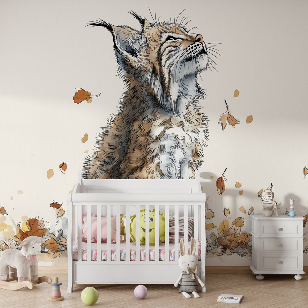 Autumn wildlife mural wallpaper featuring young lynx in cozy children's room by Kids-Mundo