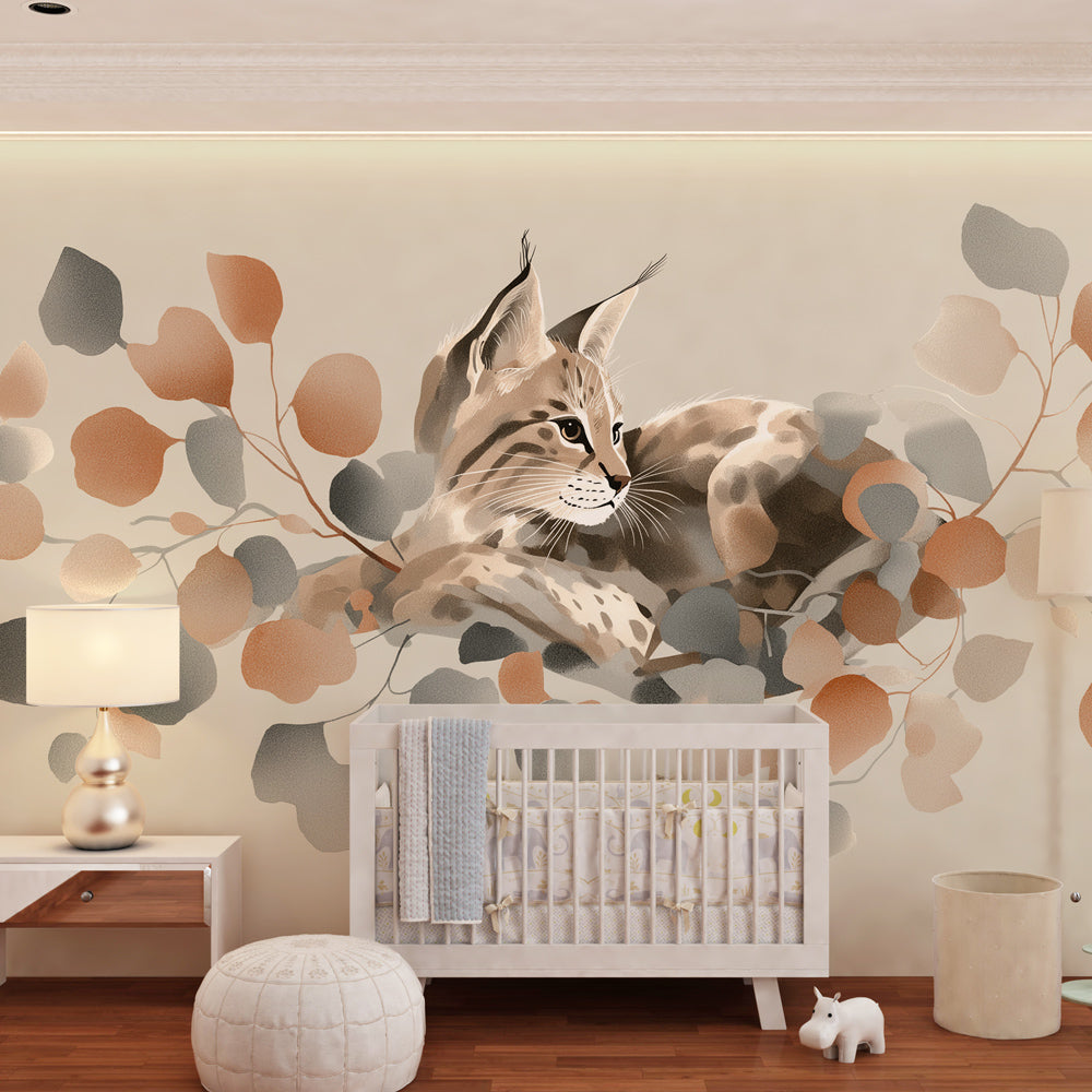 Lynx forest mural wallpaper with soft pink and beige tones in children's bedroom decor
