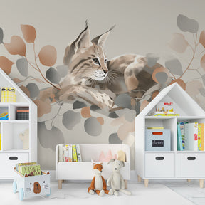 Nature-themed lynx wallpaper transforming kids playroom into woodland sanctuary by Kids-Mundo